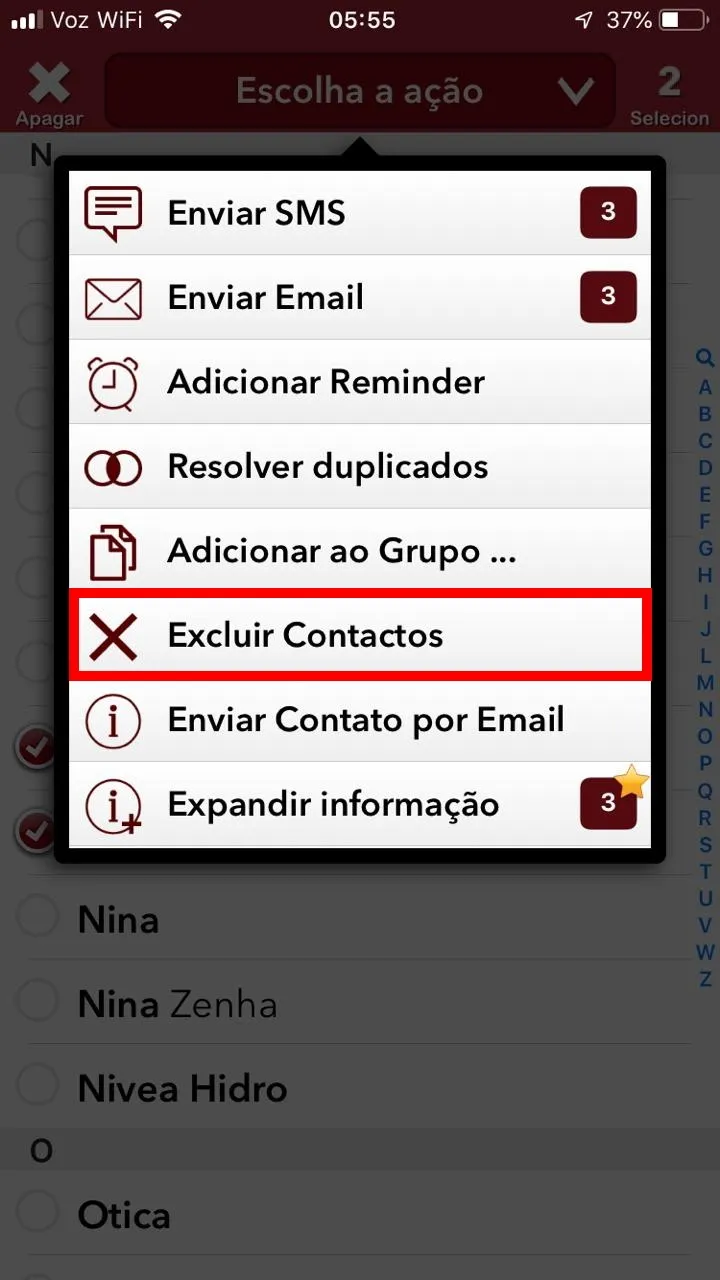Como apagar vários contatos do iphone 6 - necessário clicar em excluir contactos - WikiAjuda